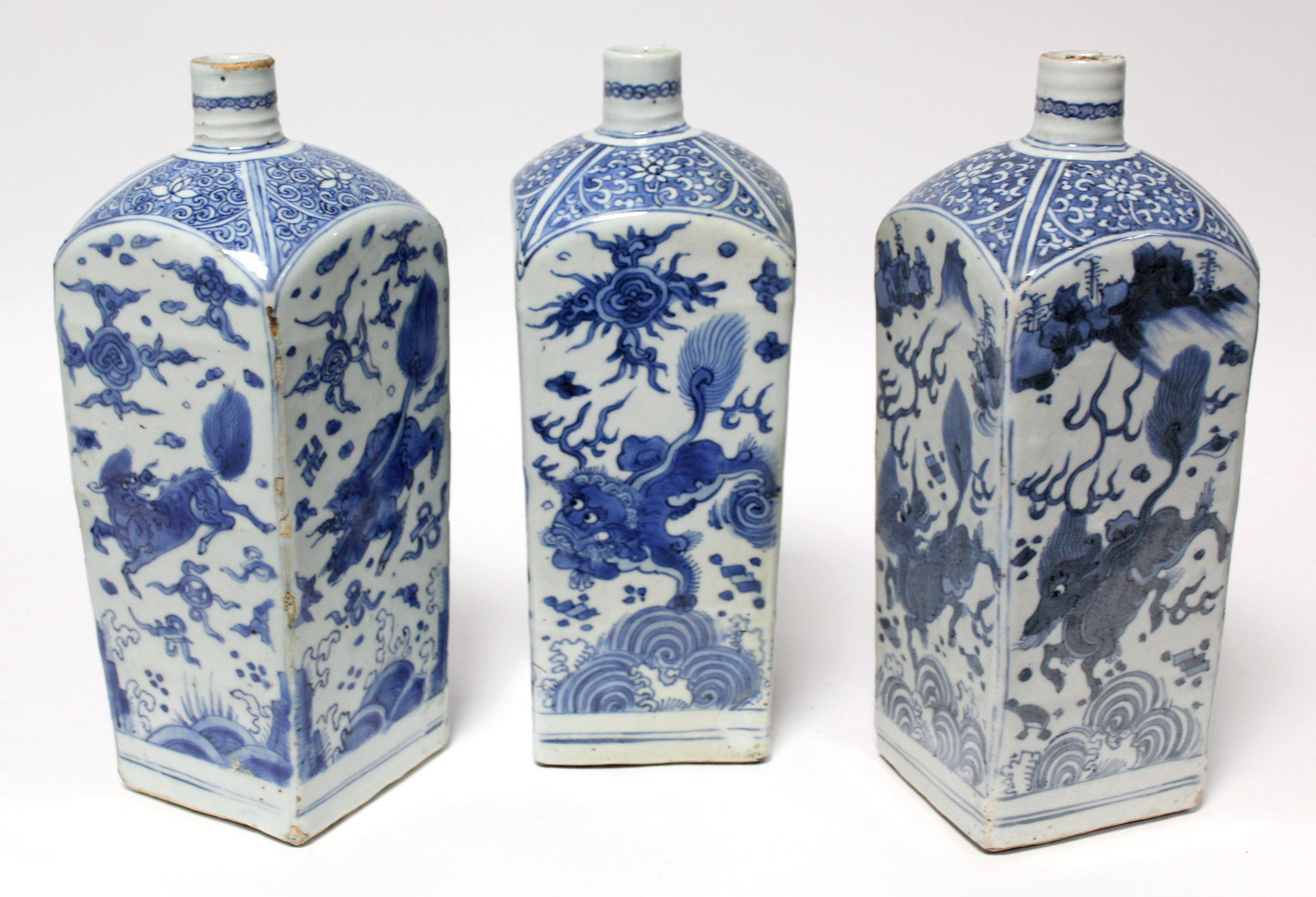 THREE CHINESE BLUE-&-WHITE PORCELAIN BOTTLE VASES, each of square section with short cylindrical - Image 2 of 16