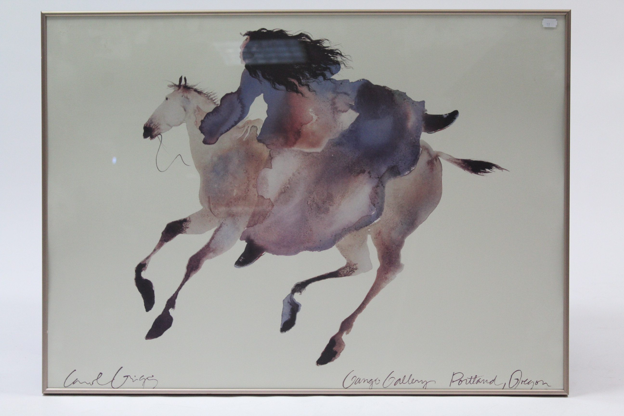 Two large coloured prints each depicting Native Americans on horseback, 24¾” x 38”, & 24¾” x 34½” in