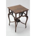 A late 19th/early 20th century inlaid-mahogany square occasional table on four slender cabriole legs