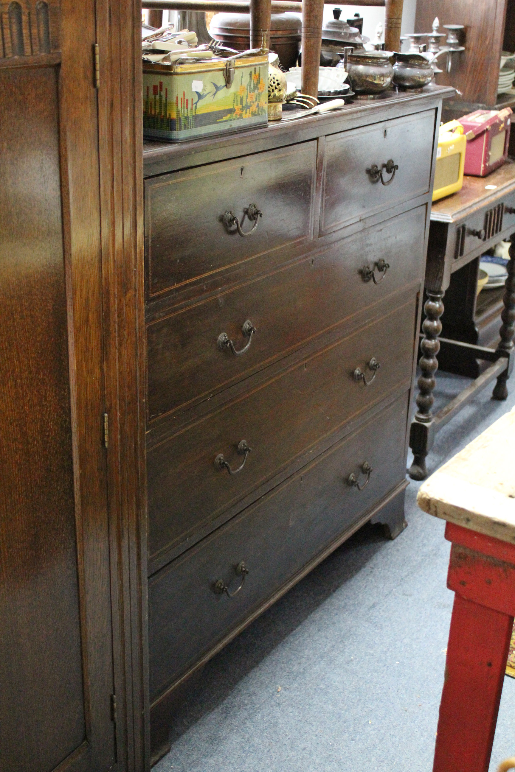 A 19th century inlaid-mahogany chest fitted two short & three long graduated drawers with swing - Image 2 of 2