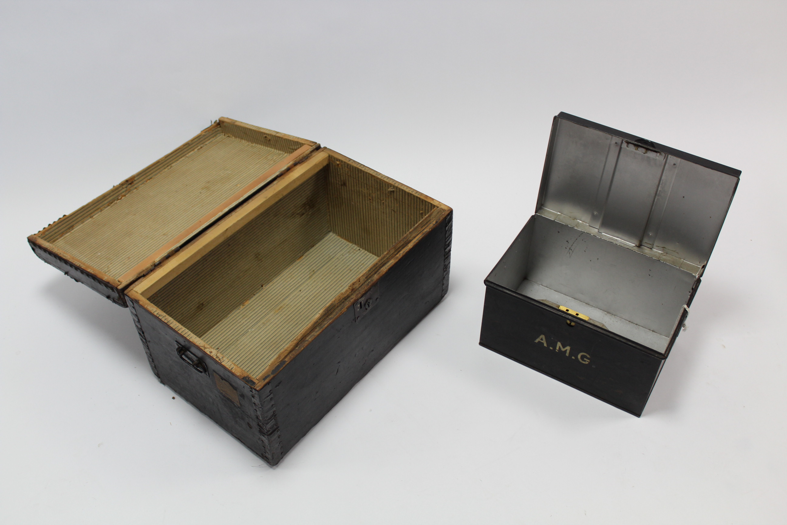 A fibre-covered deal travelling trunk, 24¼” wide; & a Japanned-metal deed box. - Image 3 of 3