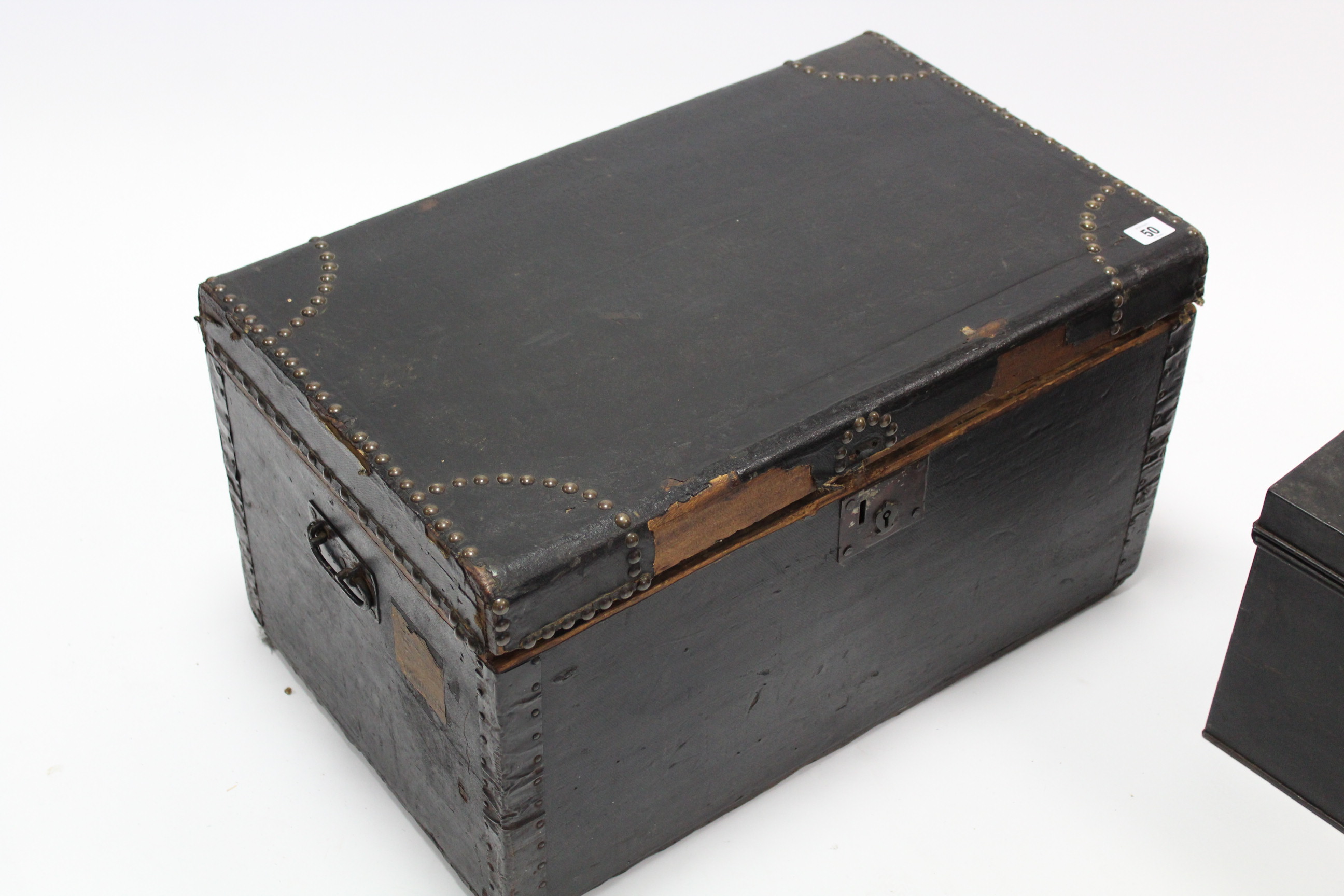 A fibre-covered deal travelling trunk, 24¼” wide; & a Japanned-metal deed box. - Image 2 of 3