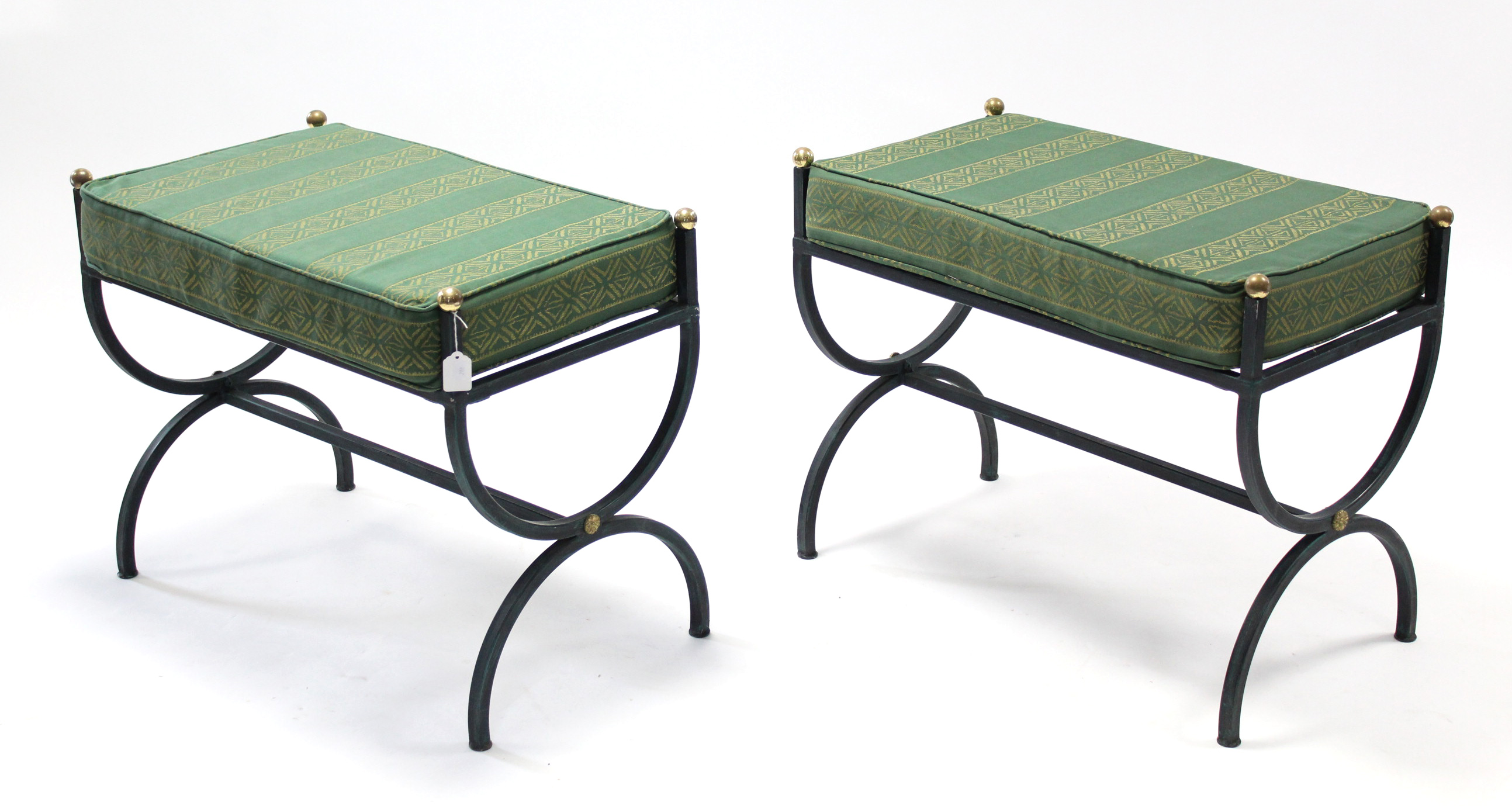 A pair of green painted wrought-iron window seats each on X-shaped supports, & with cushion, 29½”