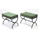 A pair of green painted wrought-iron window seats each on X-shaped supports, & with cushion, 29½”