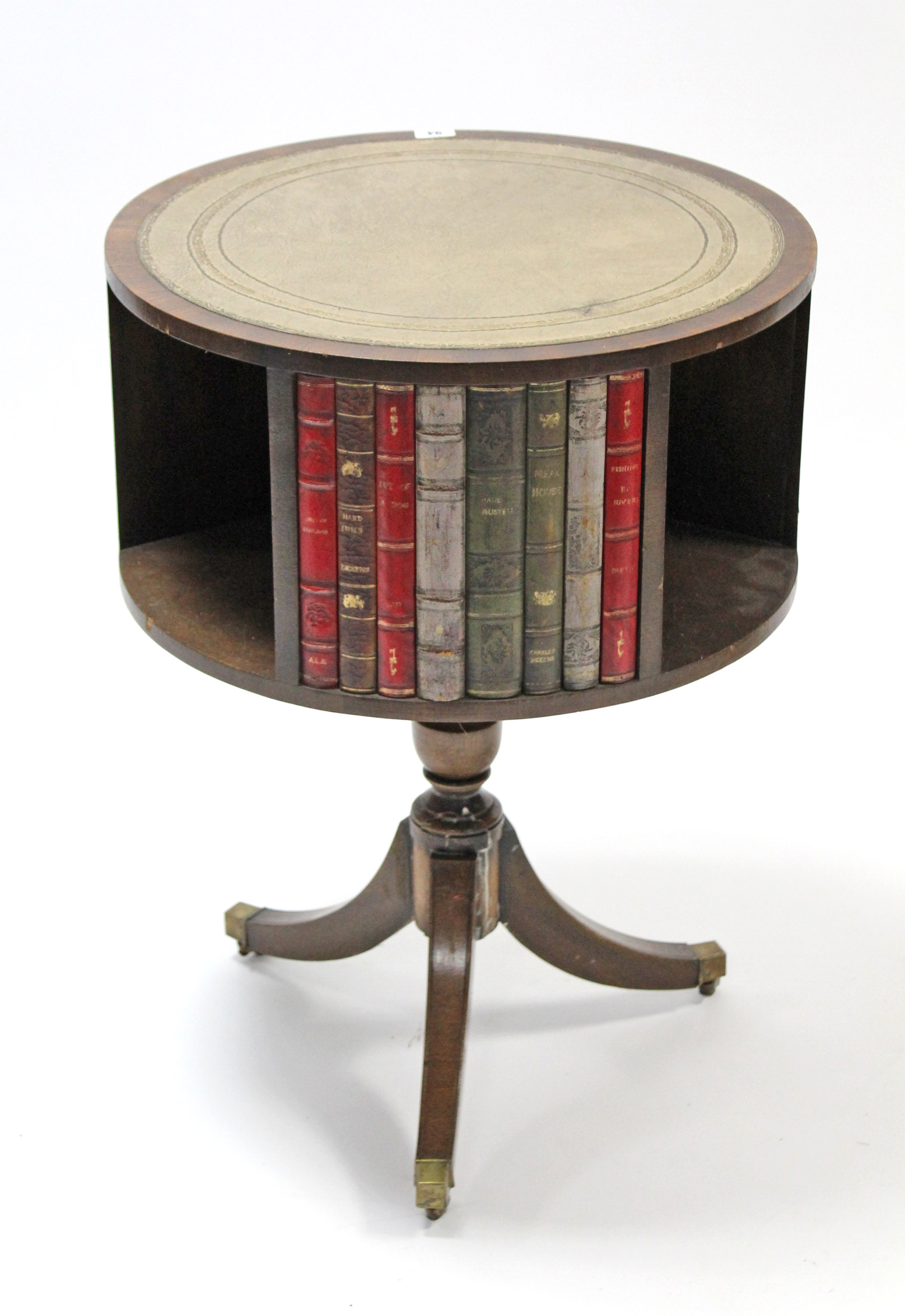 A reproduction mahogany book table inset gilt-tooled grey leather to the circular revolving top, - Image 2 of 4