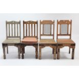 Two pairs of hardwood dining chairs each with hard seat, & on turned legs.