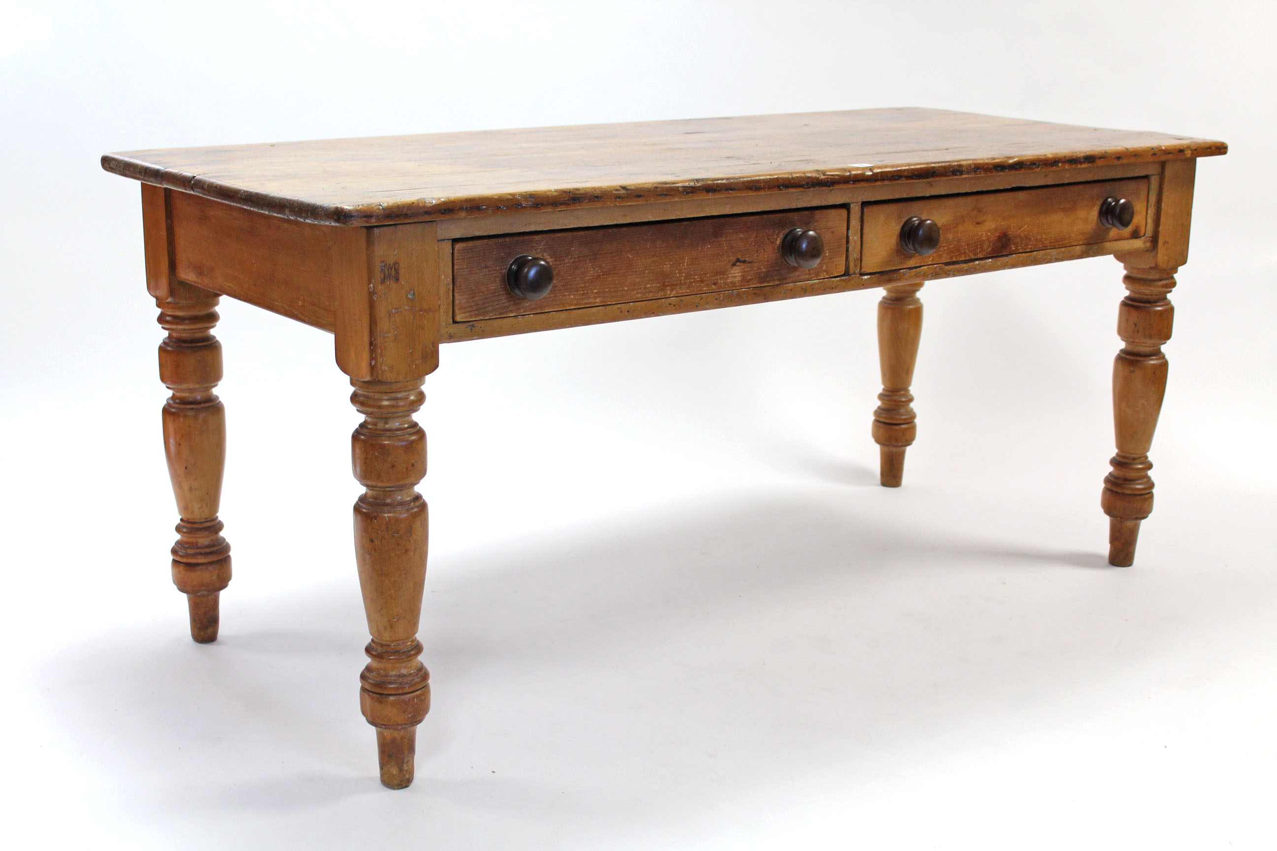 A PINE FARMHOUSE TABLE with rounded corners to the rectangular top, fitted two frieze drawers, & - Image 2 of 5