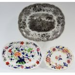 A 19th century W. Ridgeway “Tyrolean” pattern sepia transfer oval meat plate, 17” x 14”; & two