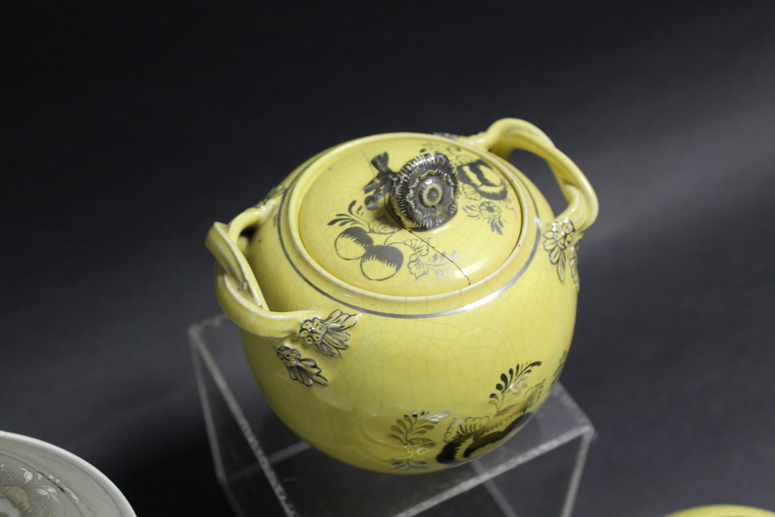 A yellow ground & silver-resist bullet shaped teapot with interwoven strap handle, & matching - Image 3 of 5