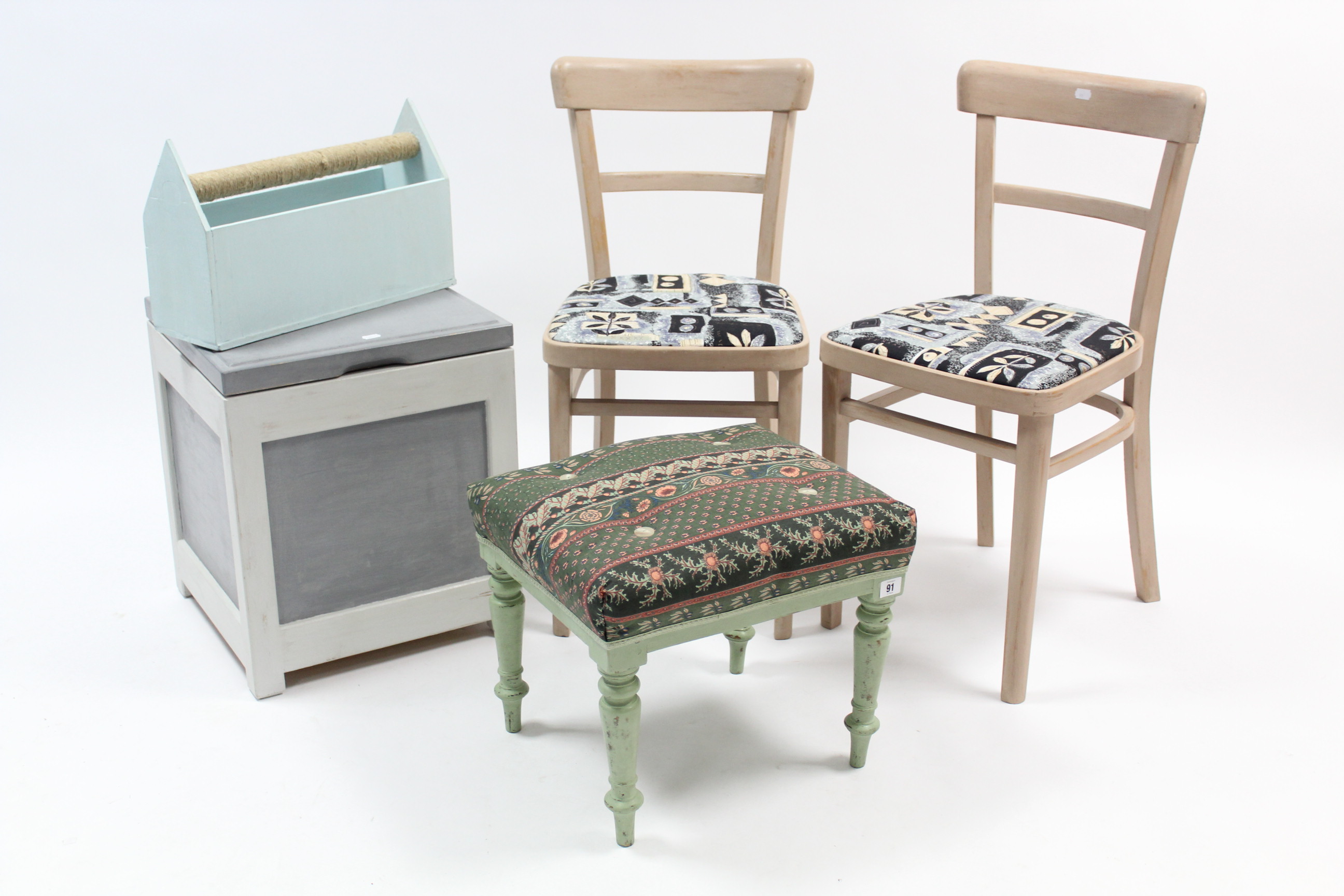 A green painted wooden stool; a pair of painted occasional chairs; a painted linen box; & a