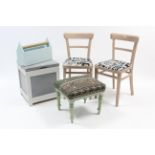 A green painted wooden stool; a pair of painted occasional chairs; a painted linen box; & a