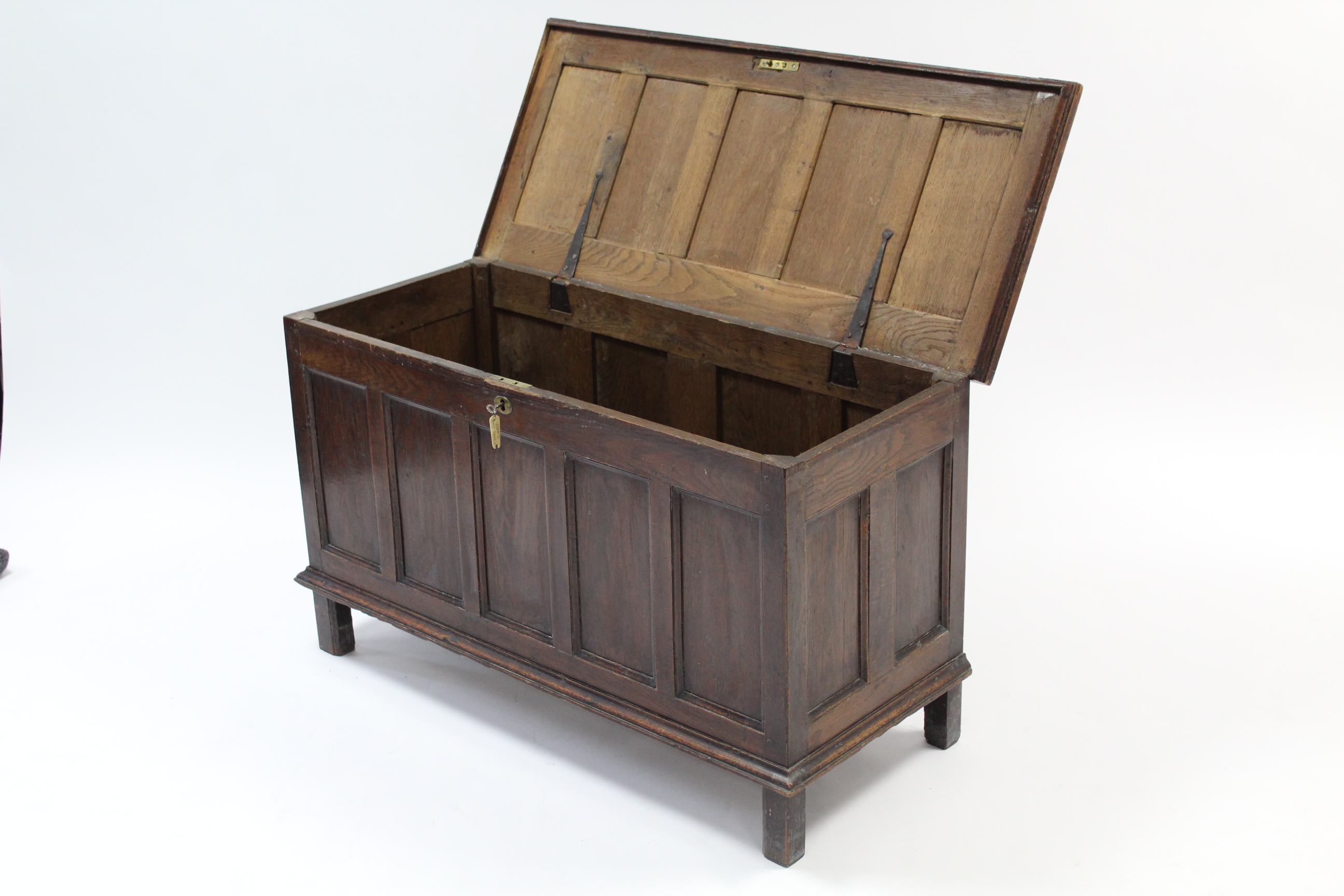 A late 19th/early 20th century small oak coffer with hinged lift-lid, with panelled front & sides, & - Image 2 of 3