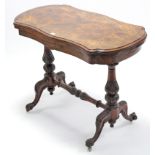 A 19th century inlaid burr-walnut card table inset green baize to the shaped fold-over top, on