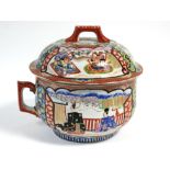 A 19th century Japanese Kutani chamber pot with domed cover & painted figure decoration, 8¾”