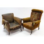 A Victorian armchair, upholstered old gold & multi-coloured floral material, & on mahogany short