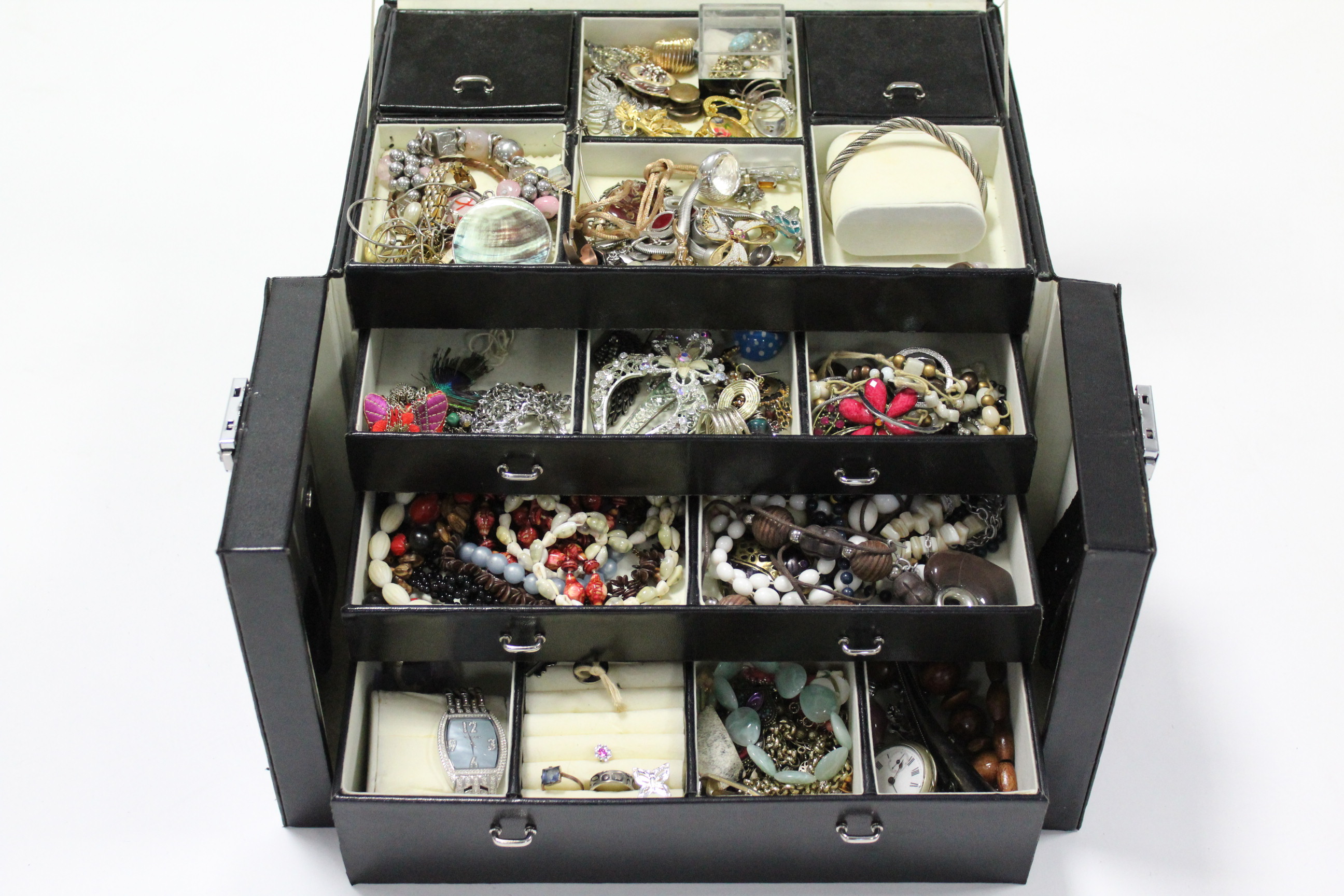 Various items of costume jewellery, with jewellery cabinet.