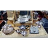 A Walker Hall silver plated three-piece tea service of globular form; a ditto rectangular cake