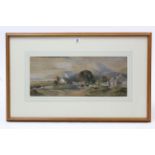 A watercolour painting of a rural village scene with numerous figures & cattle to the foreground,