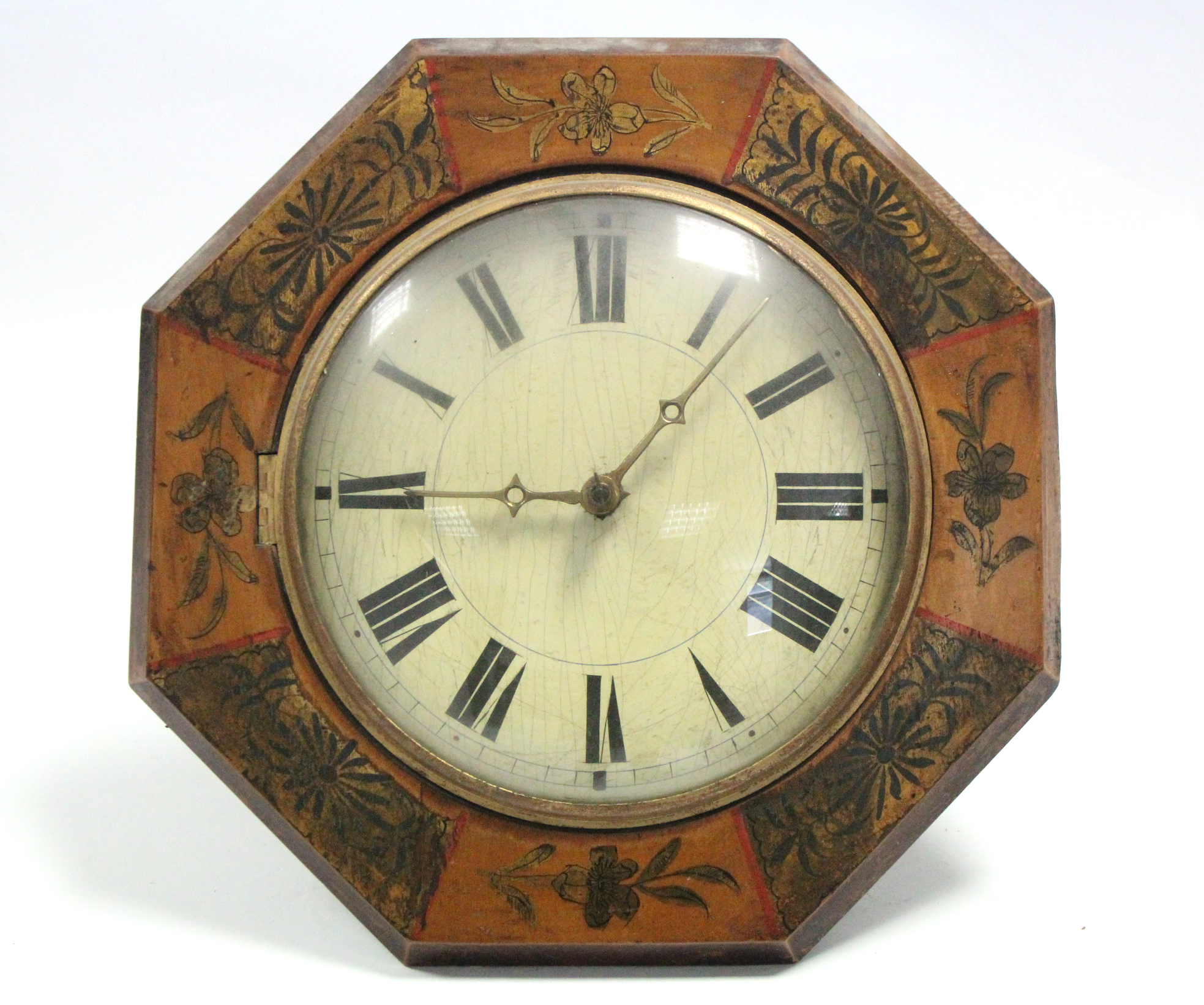 A 19th century continental wall clock with 8¼” diam. painted convex dial in gilt decorated octagonal