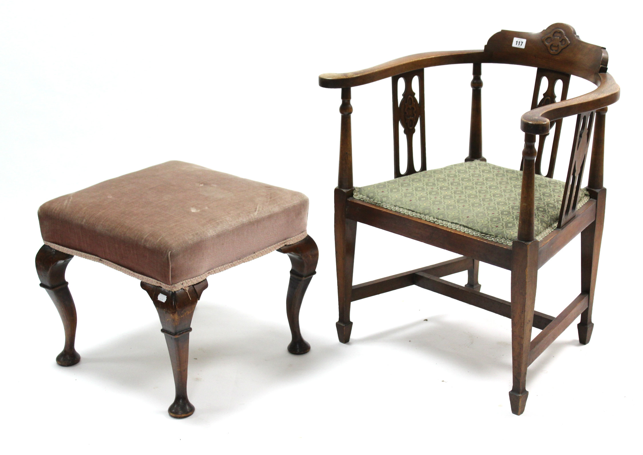 An early 20th century square foot stool, the padded seat upholstered pink velour, & on walnut