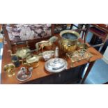 A silver plated oval entrée dish; a brass horse door porter; & various other items of plated