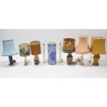 A blue & white floral decorated pottery umbrella stand; & eight various table lamps, part w.a.f.