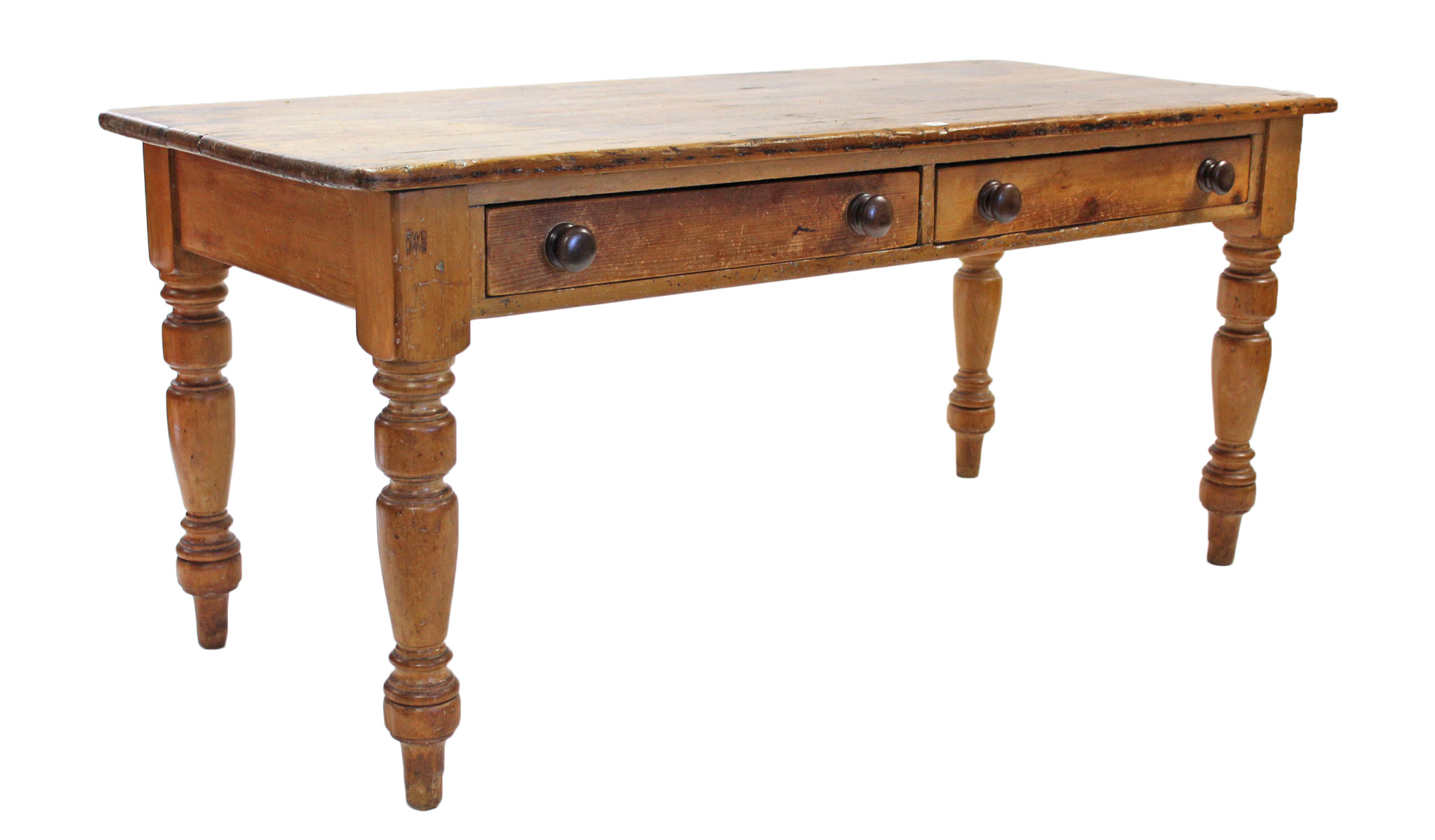 A PINE FARMHOUSE TABLE with rounded corners to the rectangular top, fitted two frieze drawers, &