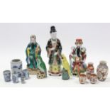 Three Chinese large male figures; two Chinese parrot ornaments; & nine various oriental vases.