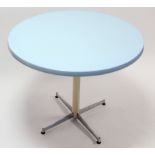 A cream-finish & natural chrome kitchen table with pale blue laminate circular top, 35½” diam.