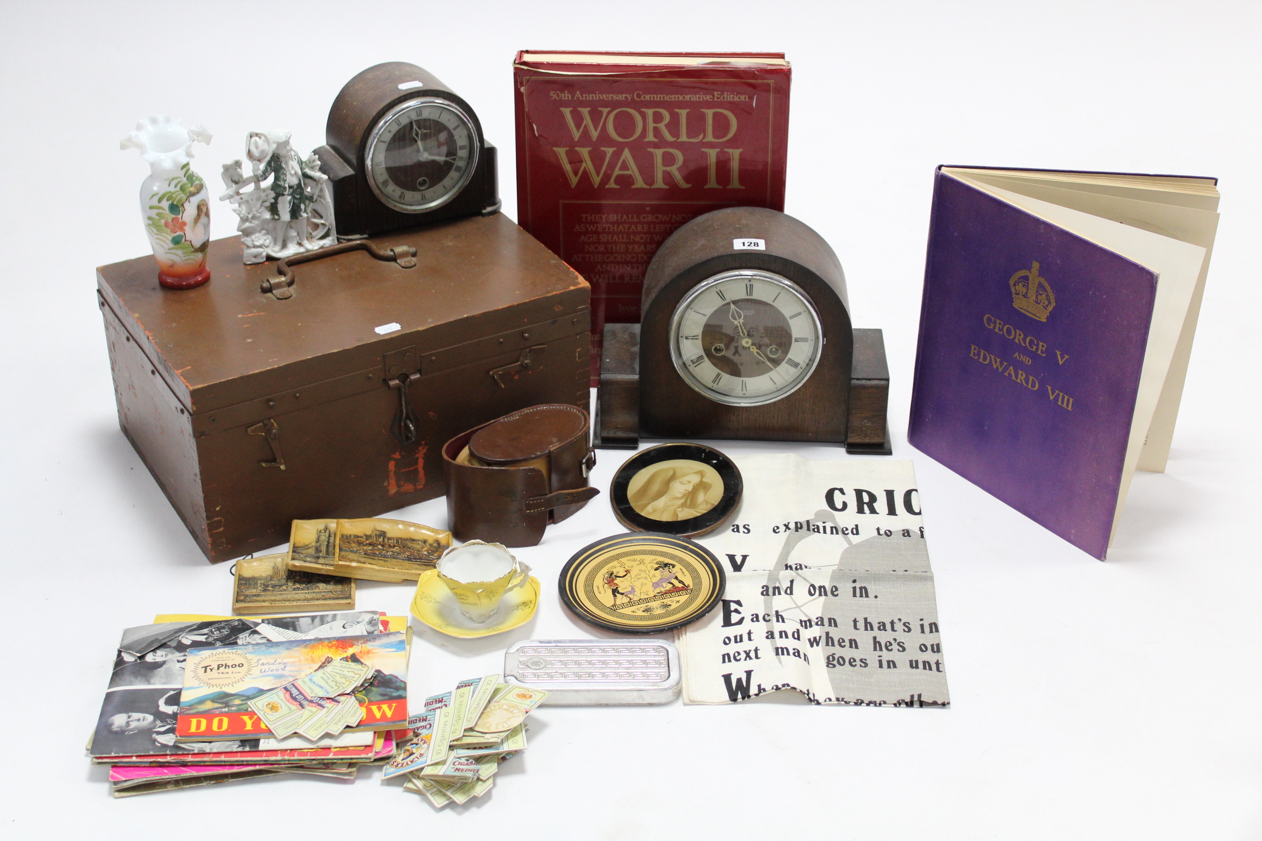 Two oak cased mantel clocks; a painted wooden document box; various vintage books & magazines, etc.