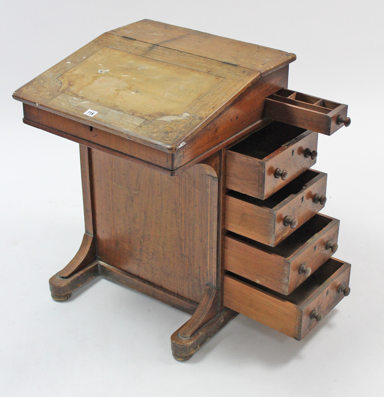 A 19th century inlaid-walnut davenport (lacking leather cloth), enclosed by fall-front, & fitted - Image 2 of 3