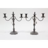 A pair of 18th century-style silver plated twin-branch table candlesticks, 16” high.