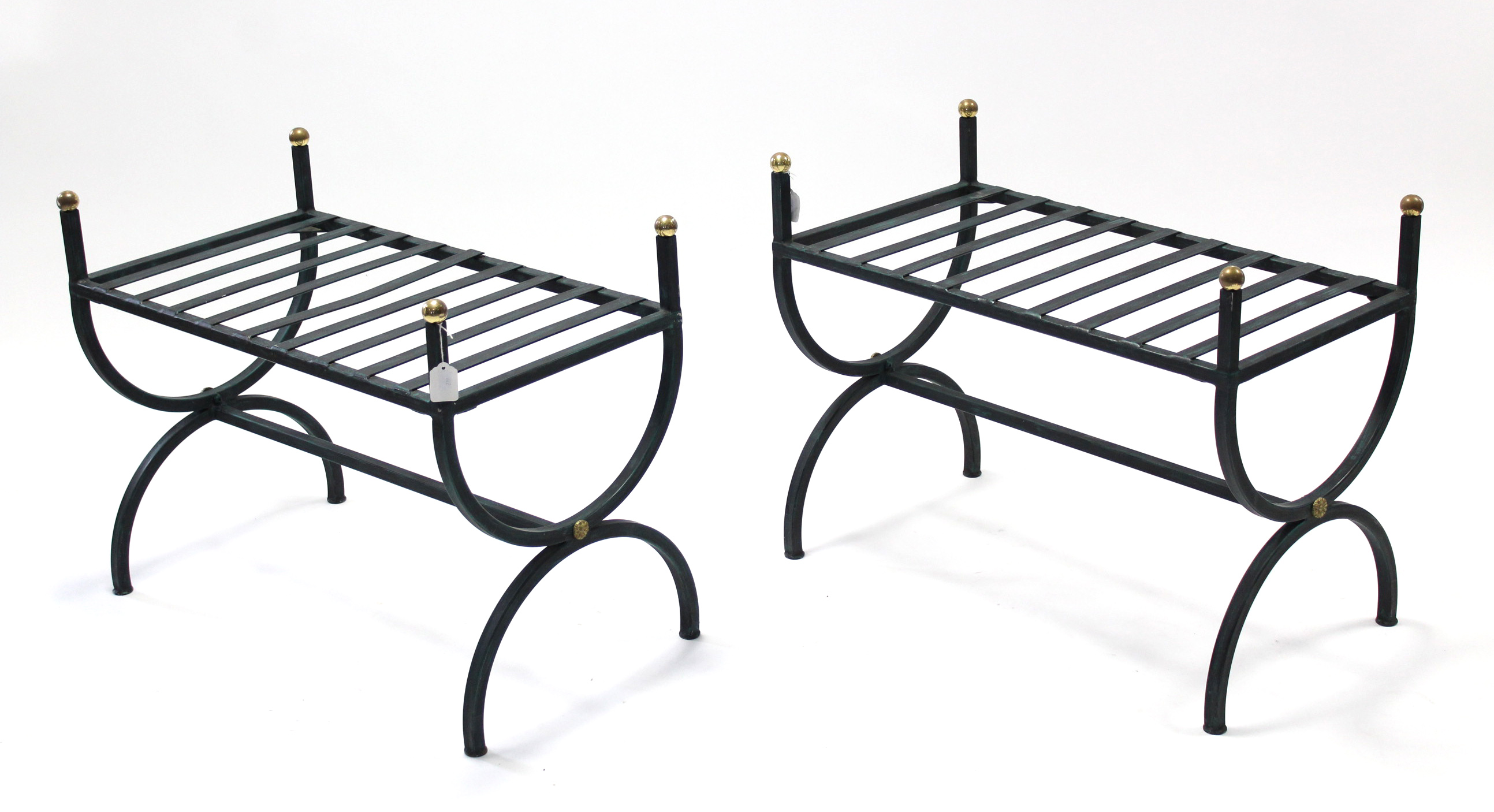 A pair of green painted wrought-iron window seats each on X-shaped supports, & with cushion, 29½” - Image 2 of 4