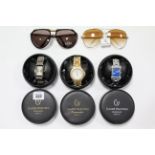 Three Claude Valentini gents wrist watches; & two pairs of sunglasses.