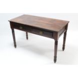 A Victorian walnut side table fitted two frieze drawers, & on turned legs (slight faults), 49½”