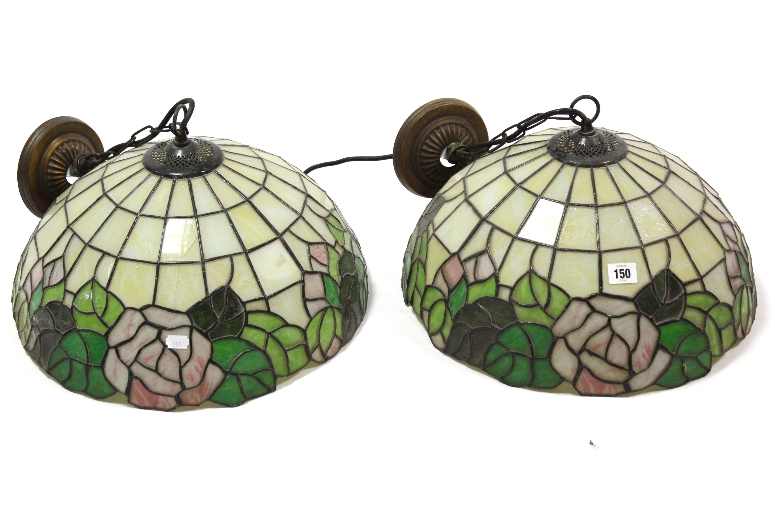 A pair of leaded & multi-coloured mottled Perspex ceiling light fittings (one w.a.f.).
