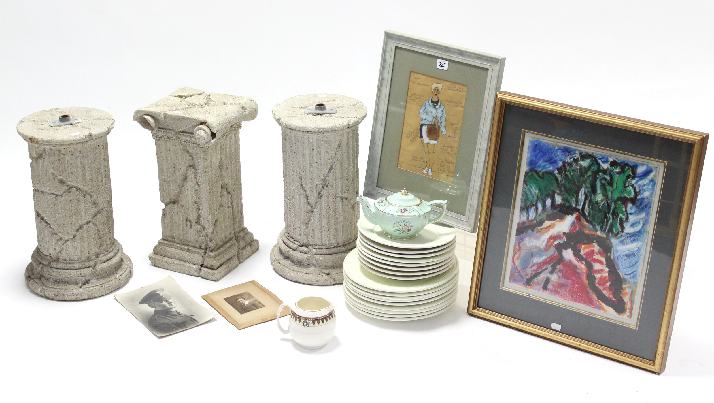 Three faux stone pedestals; together with four decorative pictures; & various items of china.