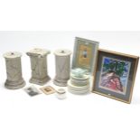 Three faux stone pedestals; together with four decorative pictures; & various items of china.