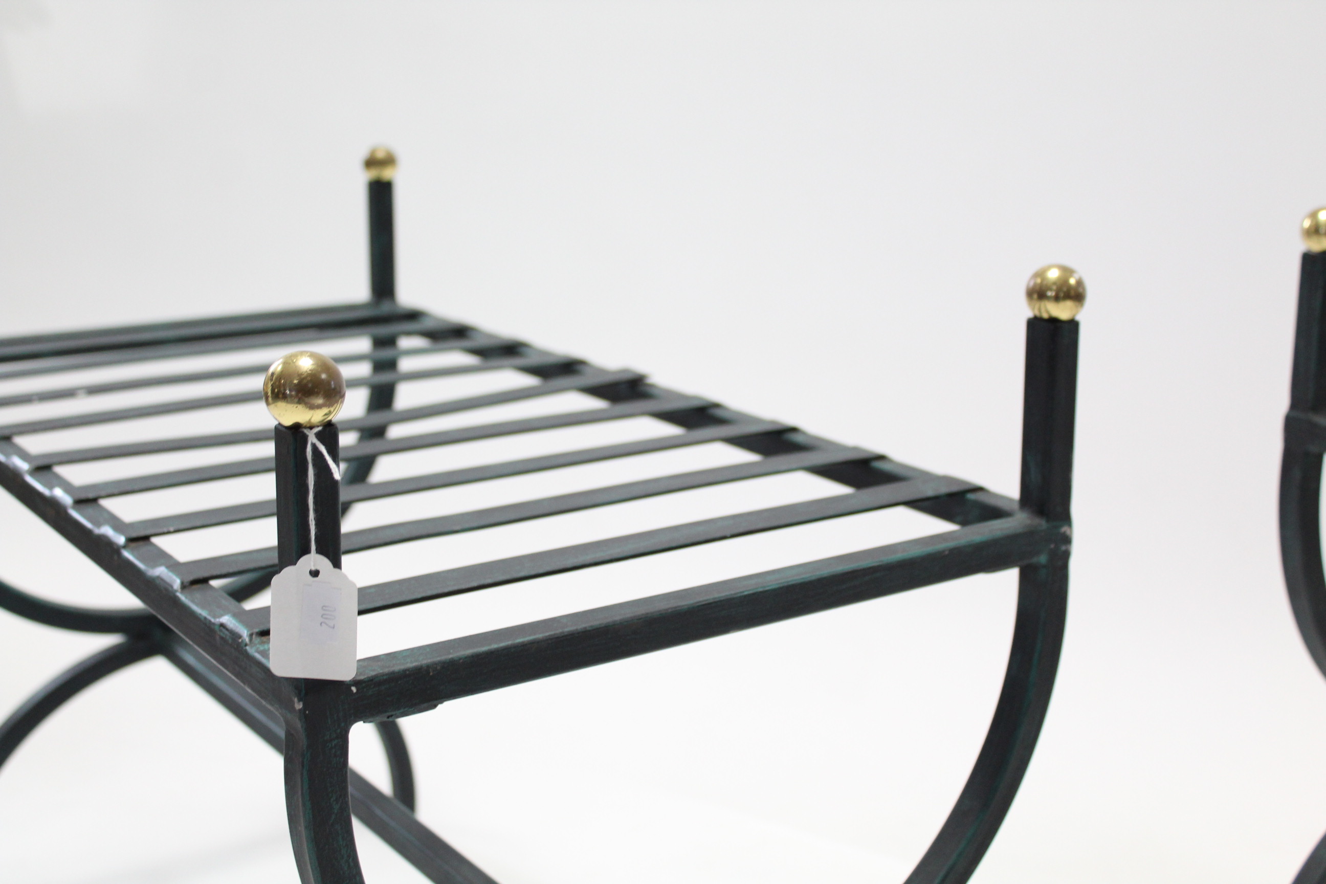 A pair of green painted wrought-iron window seats each on X-shaped supports, & with cushion, 29½” - Image 4 of 4