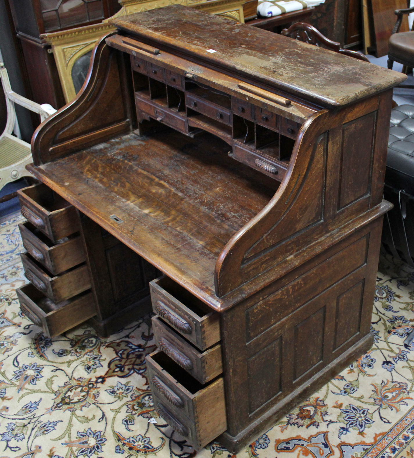 A late Victorian roll-top desk, with fitted interior enclosed by tambour shutter, fitted with an - Image 2 of 5