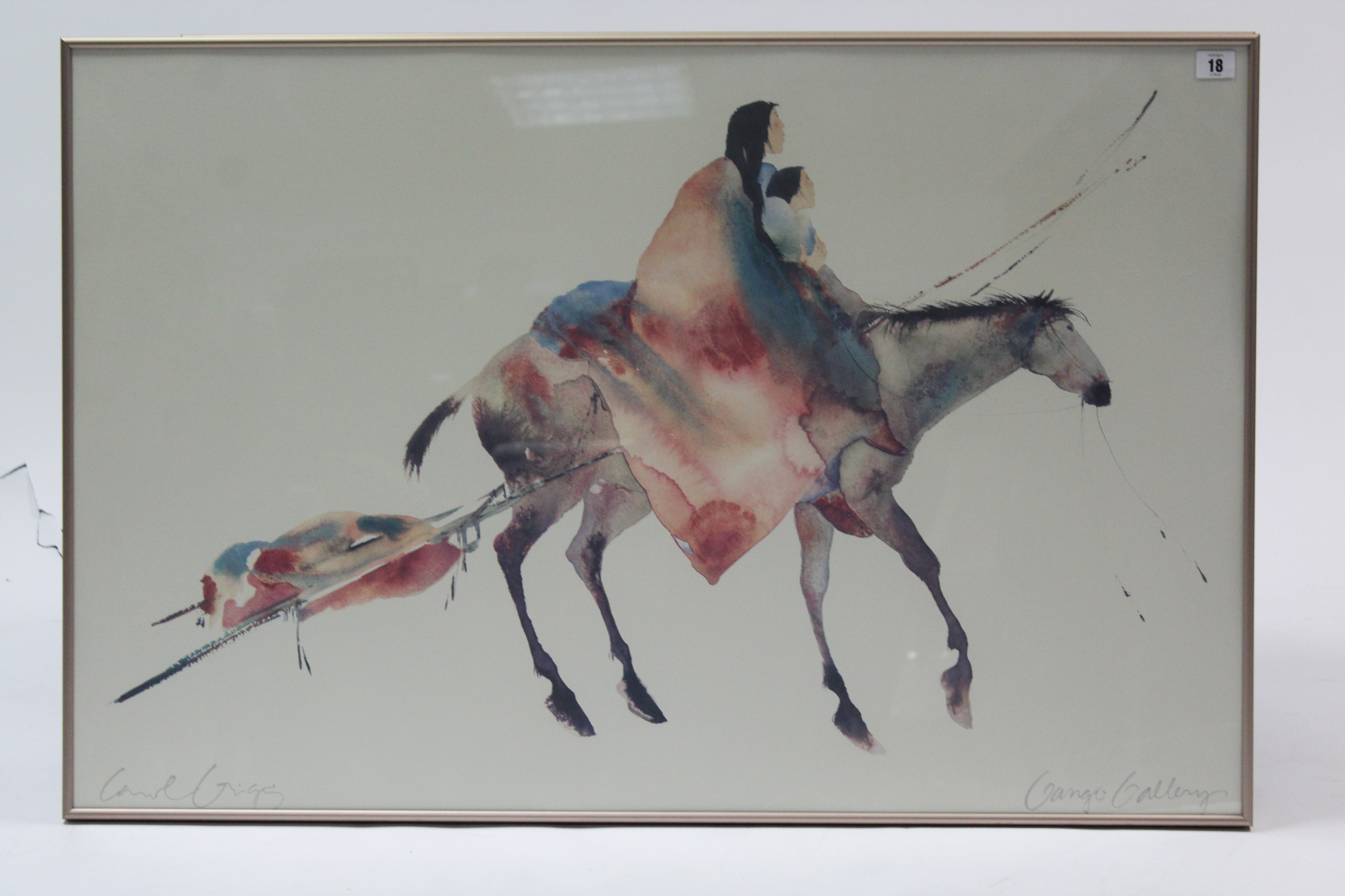 Two large coloured prints each depicting Native Americans on horseback, 24¾” x 38”, & 24¾” x 34½” in - Image 2 of 2