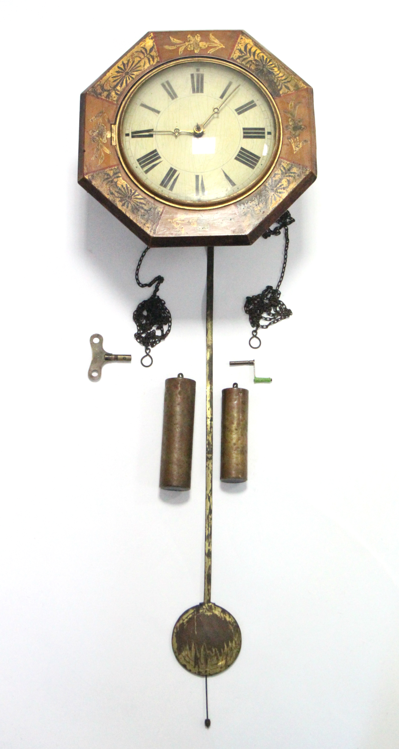 A 19th century continental wall clock with 8¼” diam. painted convex dial in gilt decorated octagonal - Image 2 of 3