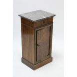 A continental-style burr-walnut marble top bedside cabinet fitted frieze drawer above cupboard