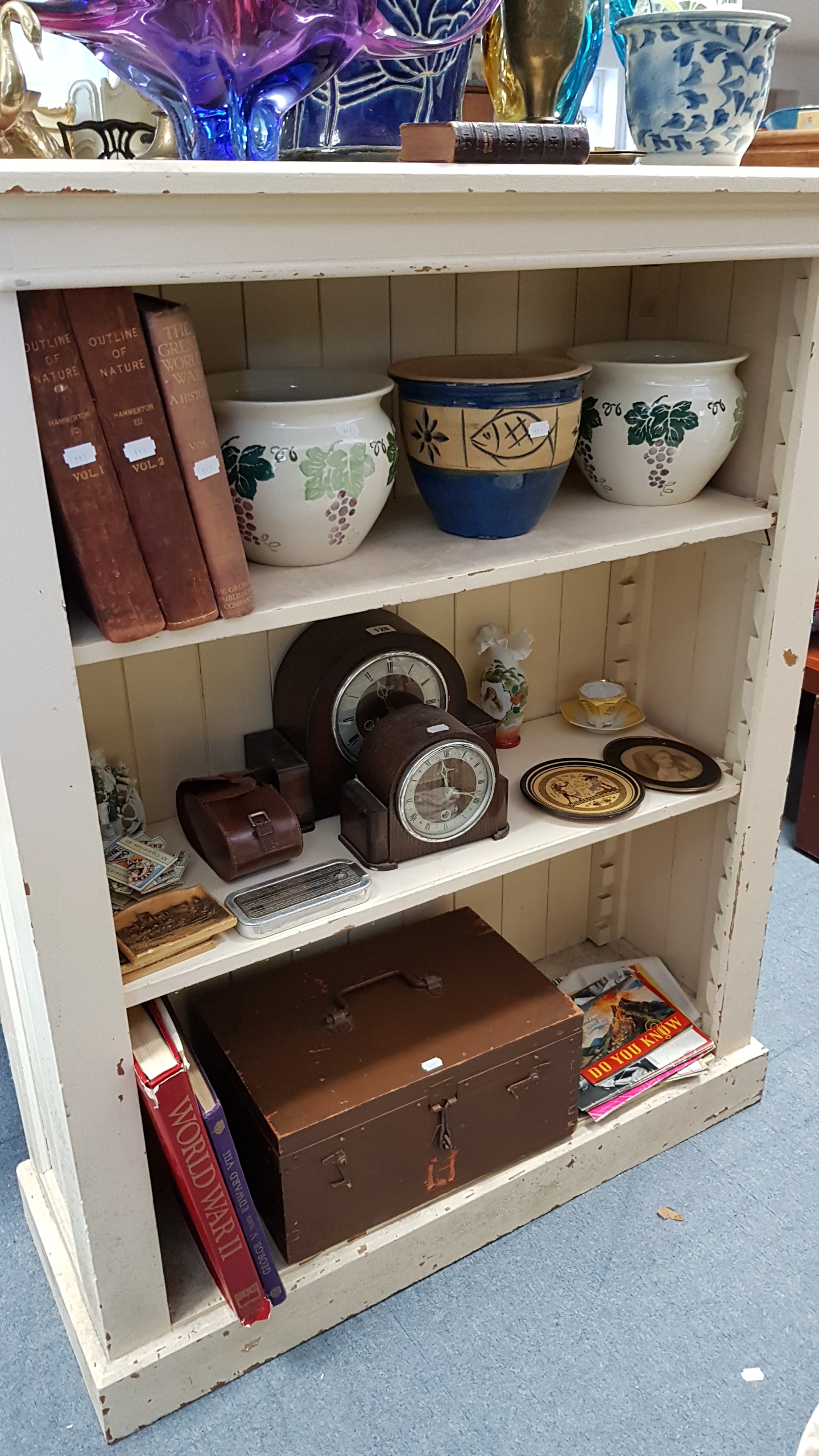 Two oak cased mantel clocks; a painted wooden document box; various vintage books & magazines, etc. - Image 4 of 4