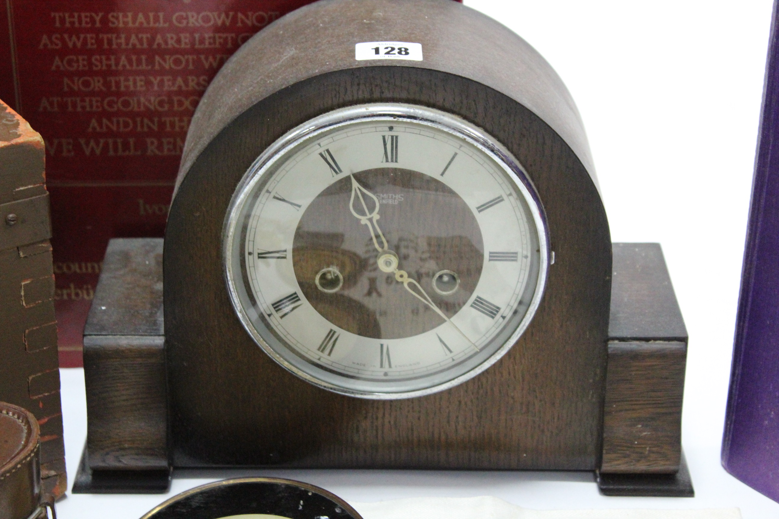 Two oak cased mantel clocks; a painted wooden document box; various vintage books & magazines, etc. - Image 3 of 4