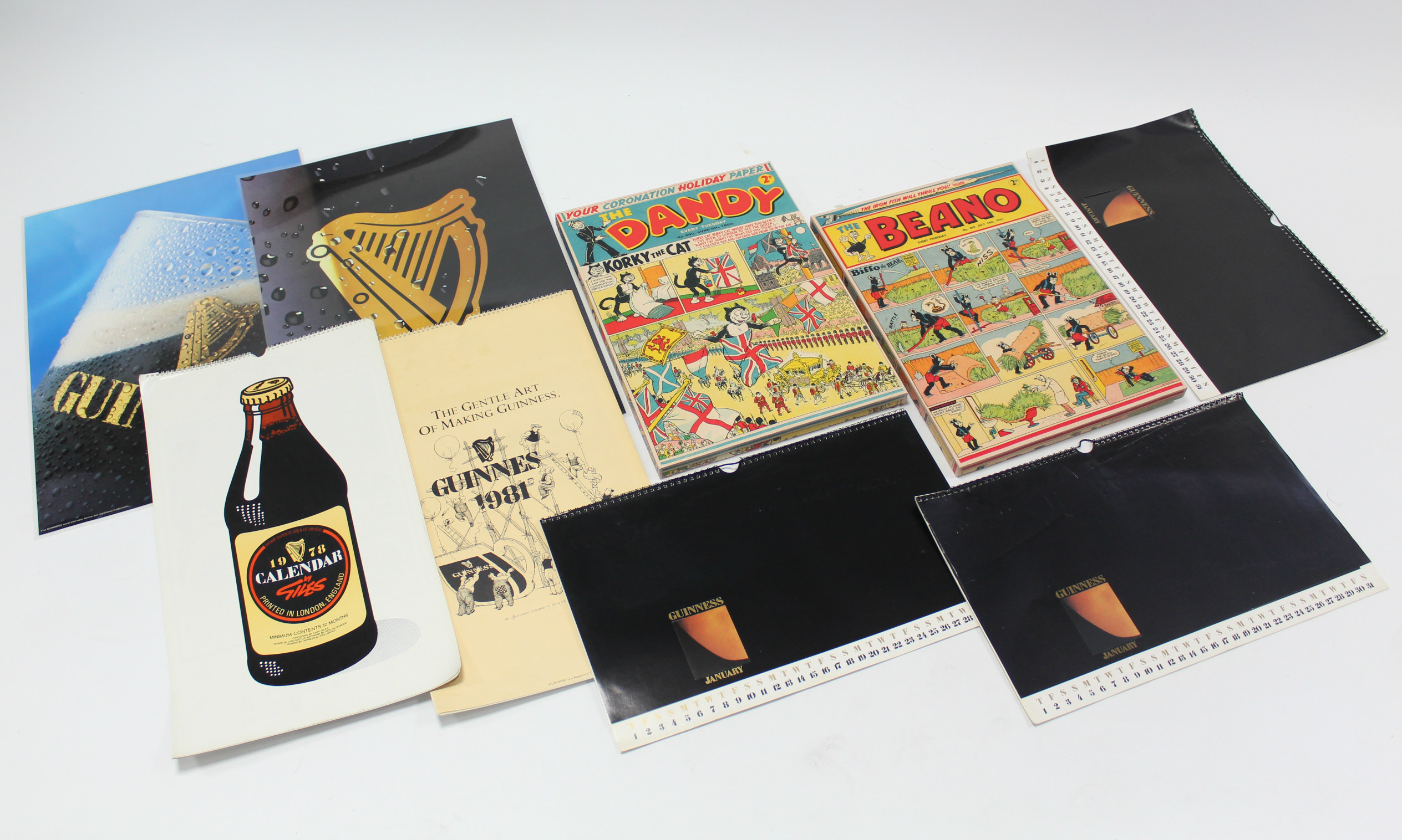 Five Guinness calendars – 1978, 1981, 1987 (x3); a Guinness two-sided poster; & two coloured