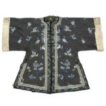 AN early 20th century CHINESE SATIN HOUSECOAT with embroidered silk coloured decoration of bats &