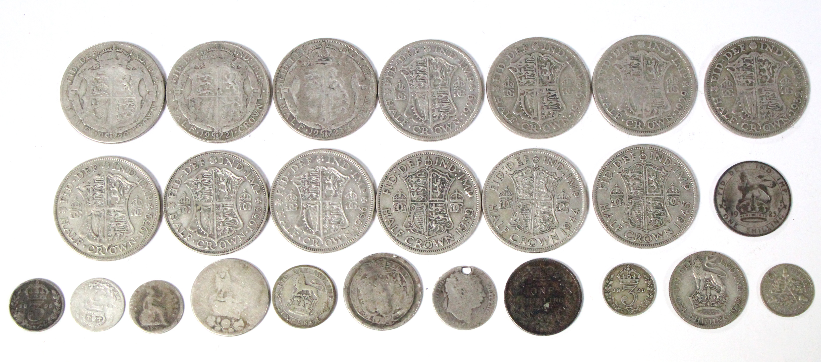 Ten George V half-crowns, two ditto shillings, a ditto sixpence, & two ditto threepence coins; three