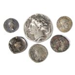 A Greek silver stater with Pegasus & head of Athena; a similar coin; & four Roman coins.