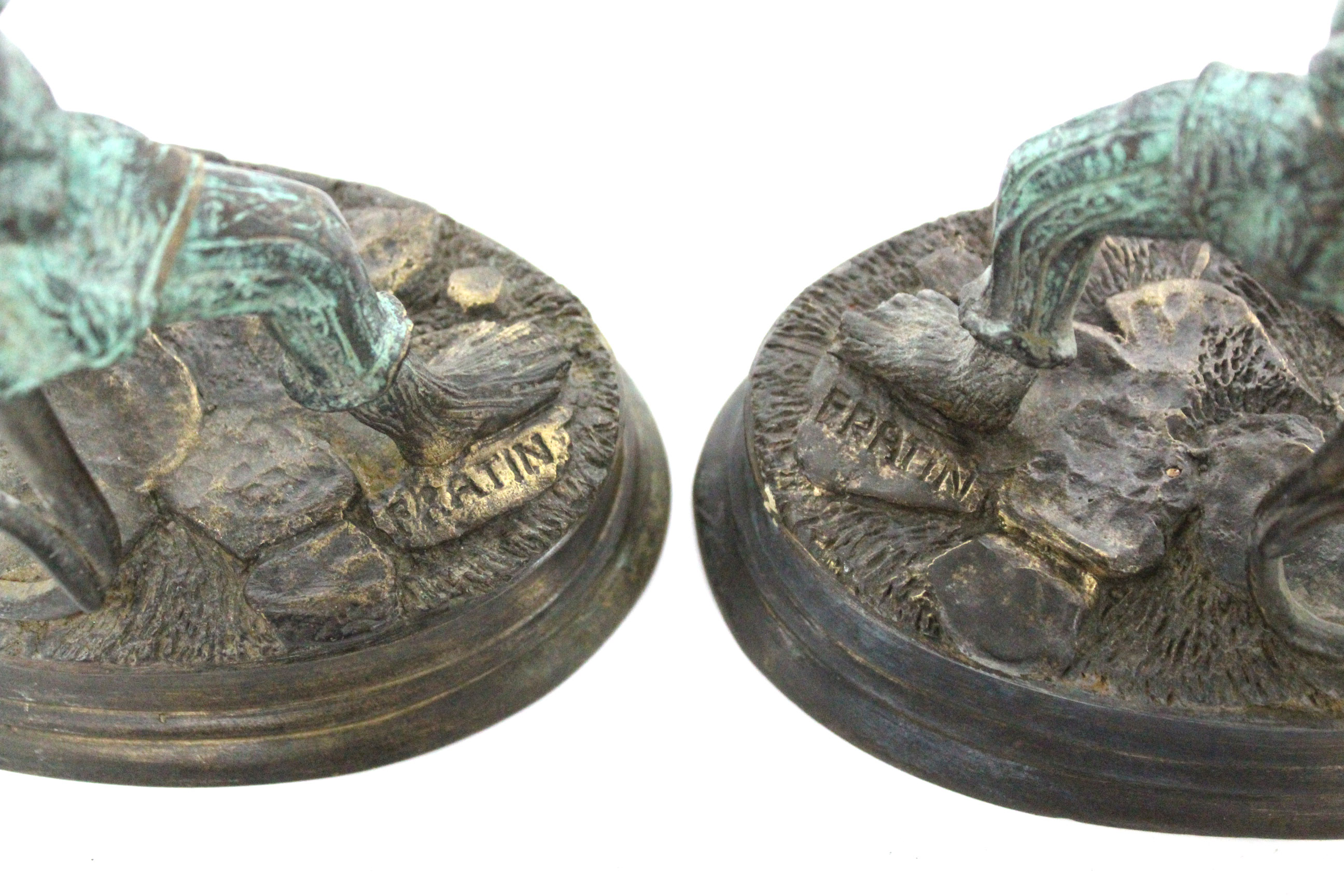 A pair of bronzed novelty monkey character candlesticks, each inscribed to base “FRATIN”, 8” high. - Image 3 of 4